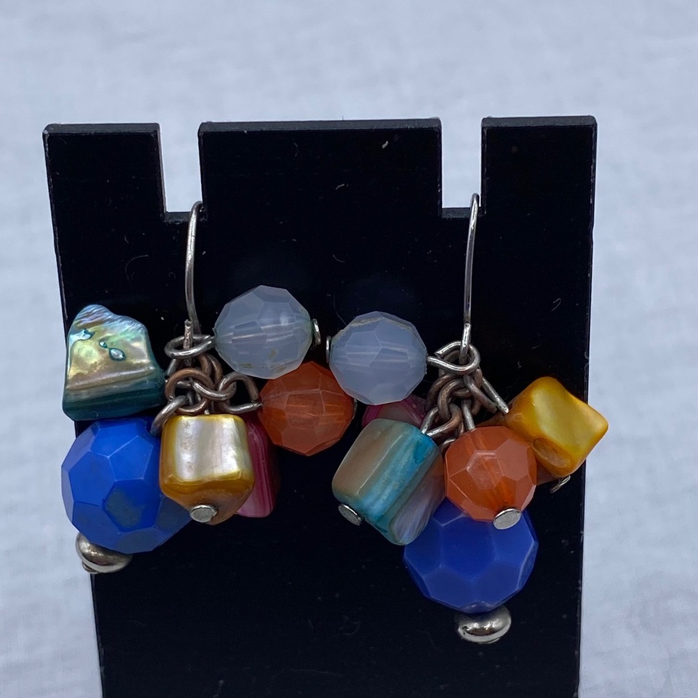Cluster Drop Earrings Multi Color Glass Shell Beads Boho Dangle Rainbow Festival